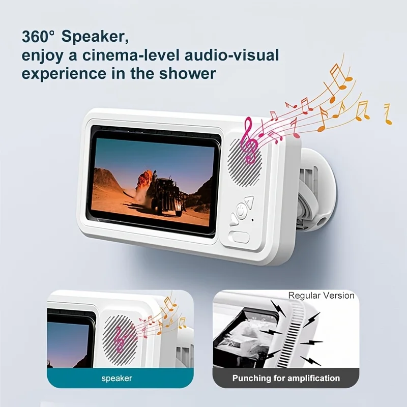 Shower Phone Holder with Bt Speaker 360° Rotating Touchscreen Hands-Free Speaker for Watching Movies And Listening to Music