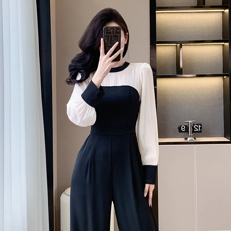 Chic Korean Black Patchwork Jumpsuit Women Spring Summer High Waist Office Lady Jumpsuits Combinaison Femme Elegant Overalls