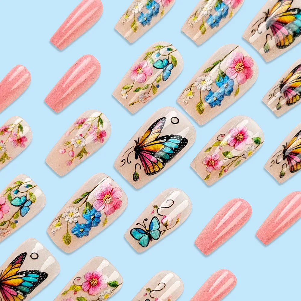 24 Uds uñas postizas para pegar listas flor de primavera puntas de uñas de mariposa arte de uñas Simple uñas cortas prensa acrílica en uñas adhesivas
