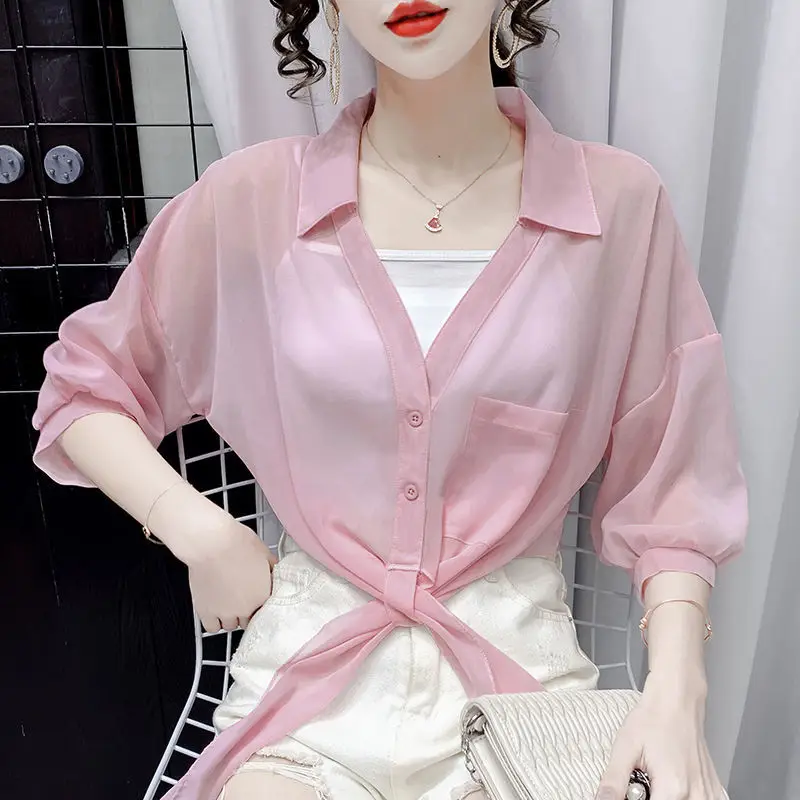 

Fashion V-Neck Spliced Pockets Irregular Lace Up Chiffon Shirt Women's Clothing 2023 Summer New Casual Tops Asymmetrical Blouse