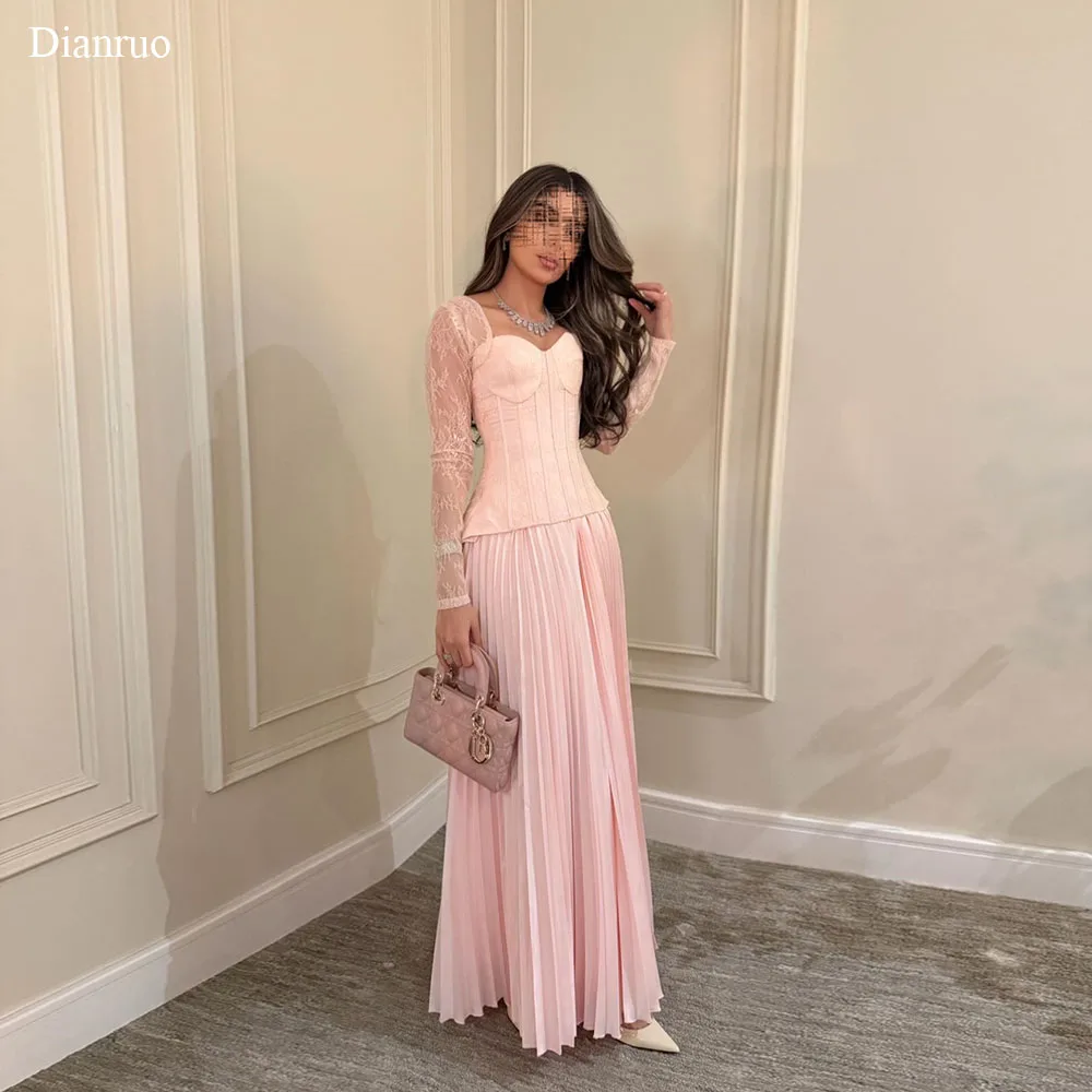 

Dianruo Dreamy Pink A Line Evening Dresses Pleated Hem Special Occasion Gowns Satin Saudi Arabric Robes De Soirée Customized