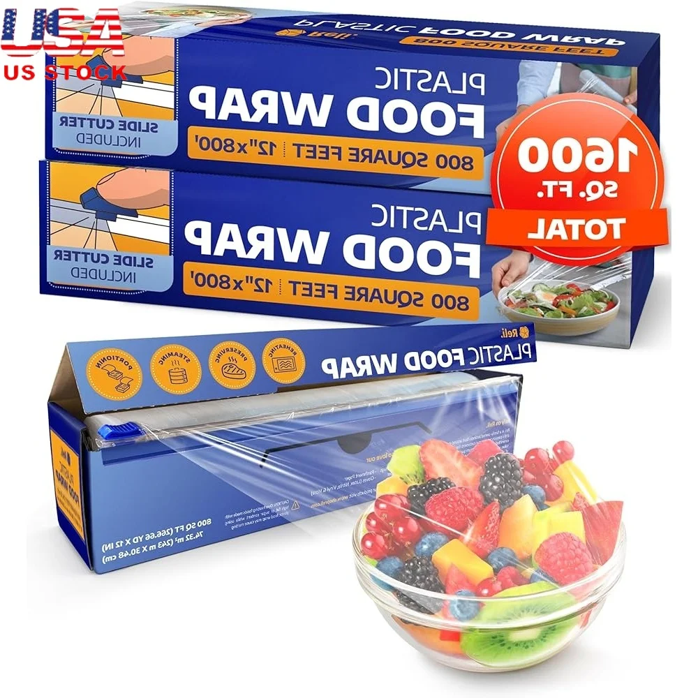 

Plastic Wrap Food 12in x 1600sqft Cling Film with Slide Cutter 2 Rolls Strong Kitchen Wrap Leftovers Freezer Microwave Use