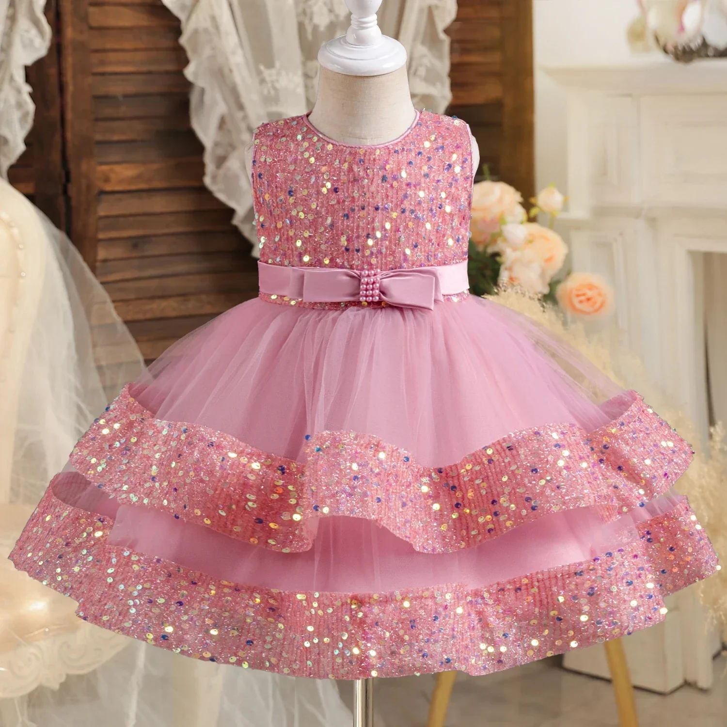 Summer Party Dress for Girls Sequined Sleeveless Tulle Tutu Gown Baby Girls Wedding Birthday Princess Dress Baptism Kids Clothes