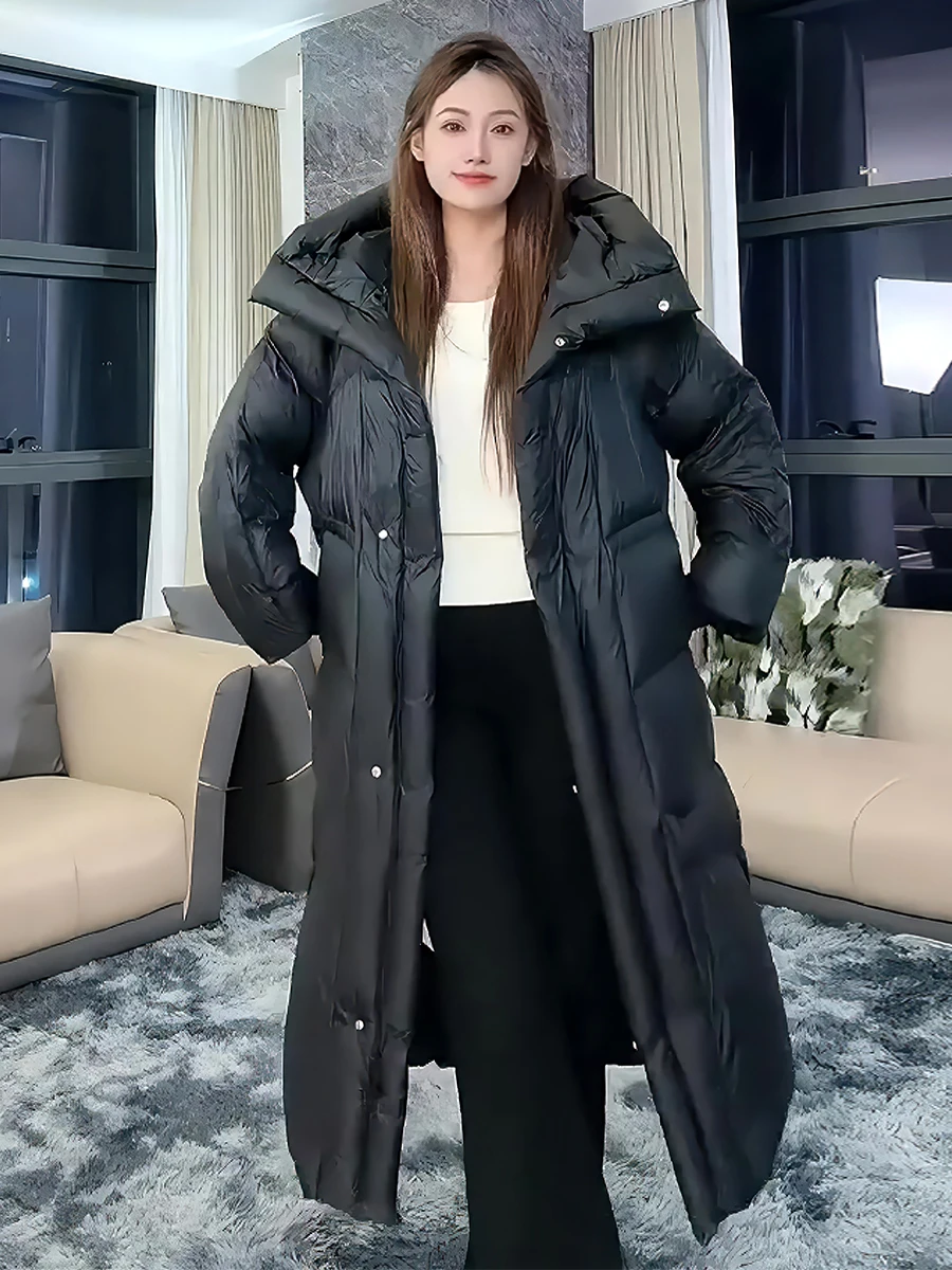 여성용 롱 화이트 다운 패딩 재킷, 푹신한 브레드 스타일 겨울 코트, 따뜻한 출퇴근용, 모자 포함