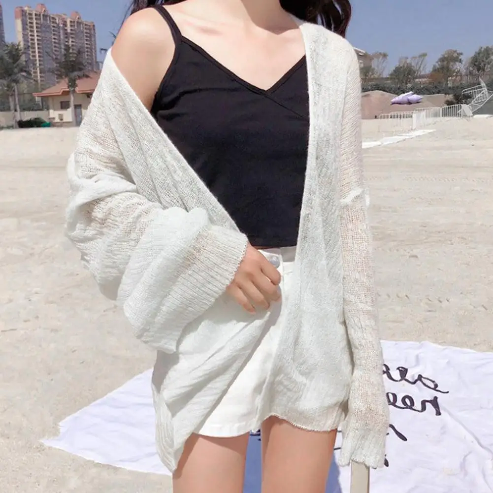 

Summer Knitted Cardigan Cardigan Lazy Loose Hollow Long-sleeved Sweter Air-conditioned Soild Cardigan Color Shirt Cropped E3P3