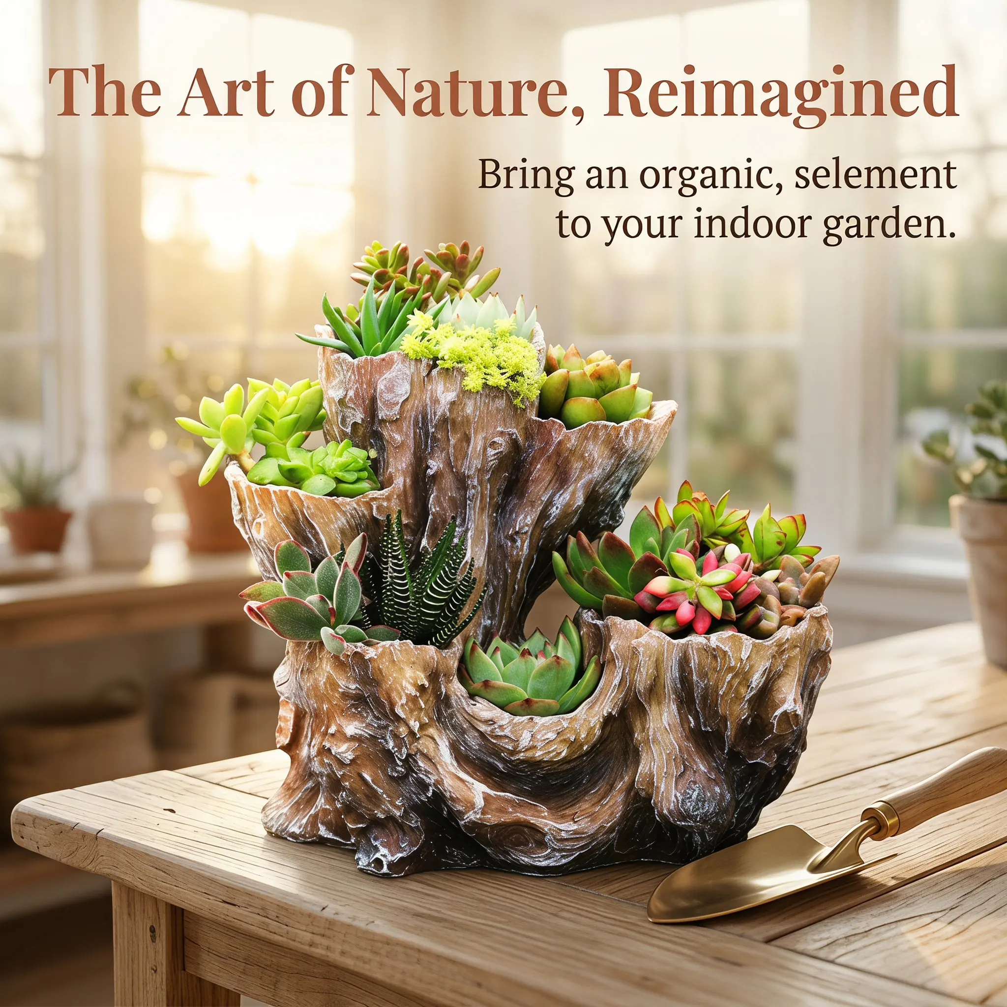6 Hole Faux Wood Resin Planter Pot Tree Root Driftwood Style Multi Compartment Succulent Cactus Indoor Decorative Planter