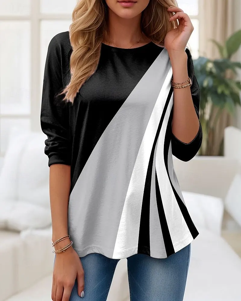 

Fashion Women's T-shirts Casual Long Sleeve Tops Geometric Graphic Tees Shirts Blouse O-neck Fall Winter Streetwear Pullover