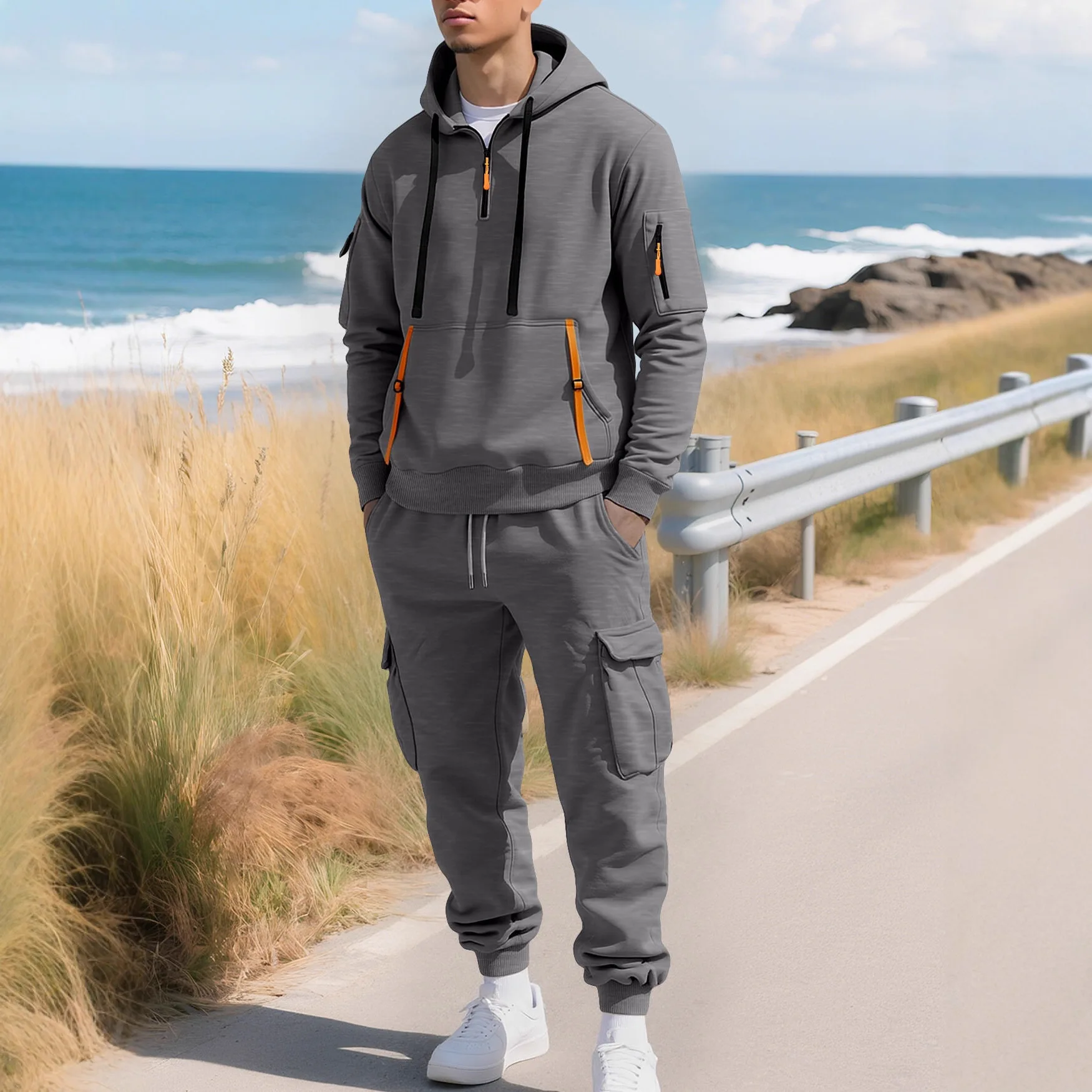 Men's Fleece Hoodie And Cargo Pants Set Spring Winter Fashionable Zipper Multi-Pocket Casual Outfit