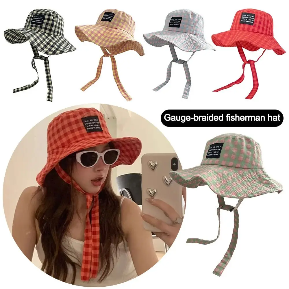 Sommer-Fischerhut Atmungsaktiver Sonnenschutz Retro Karierter Damen-Reisehut Modischer Breiter Rand Wander- und Campinghut mit Visier – Detail 2