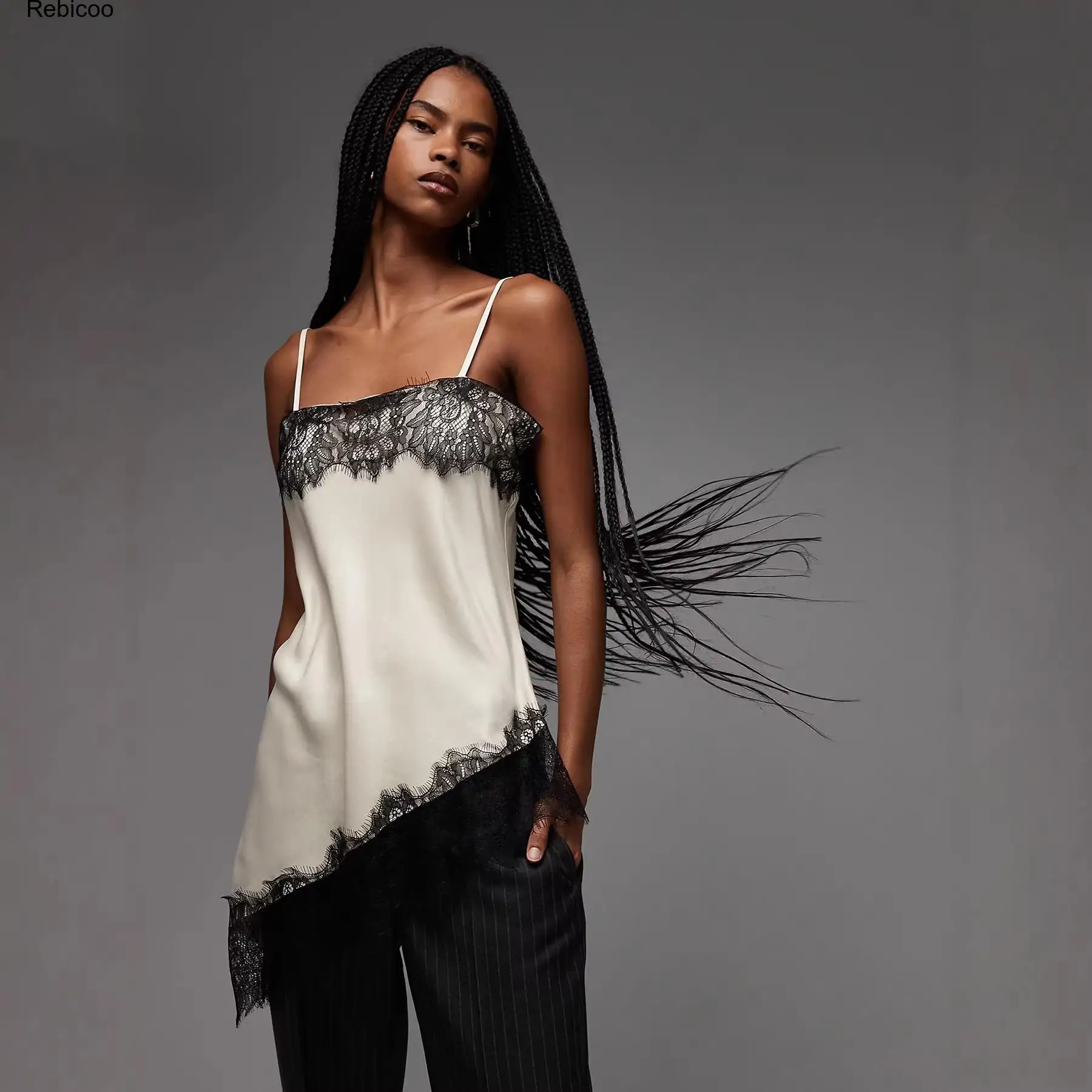 Women's Satin Lace Trim Camisole Top, Sleeveless V-Neck Sleepwear with Delicate Eyelash Lace Detailing for Loungewear