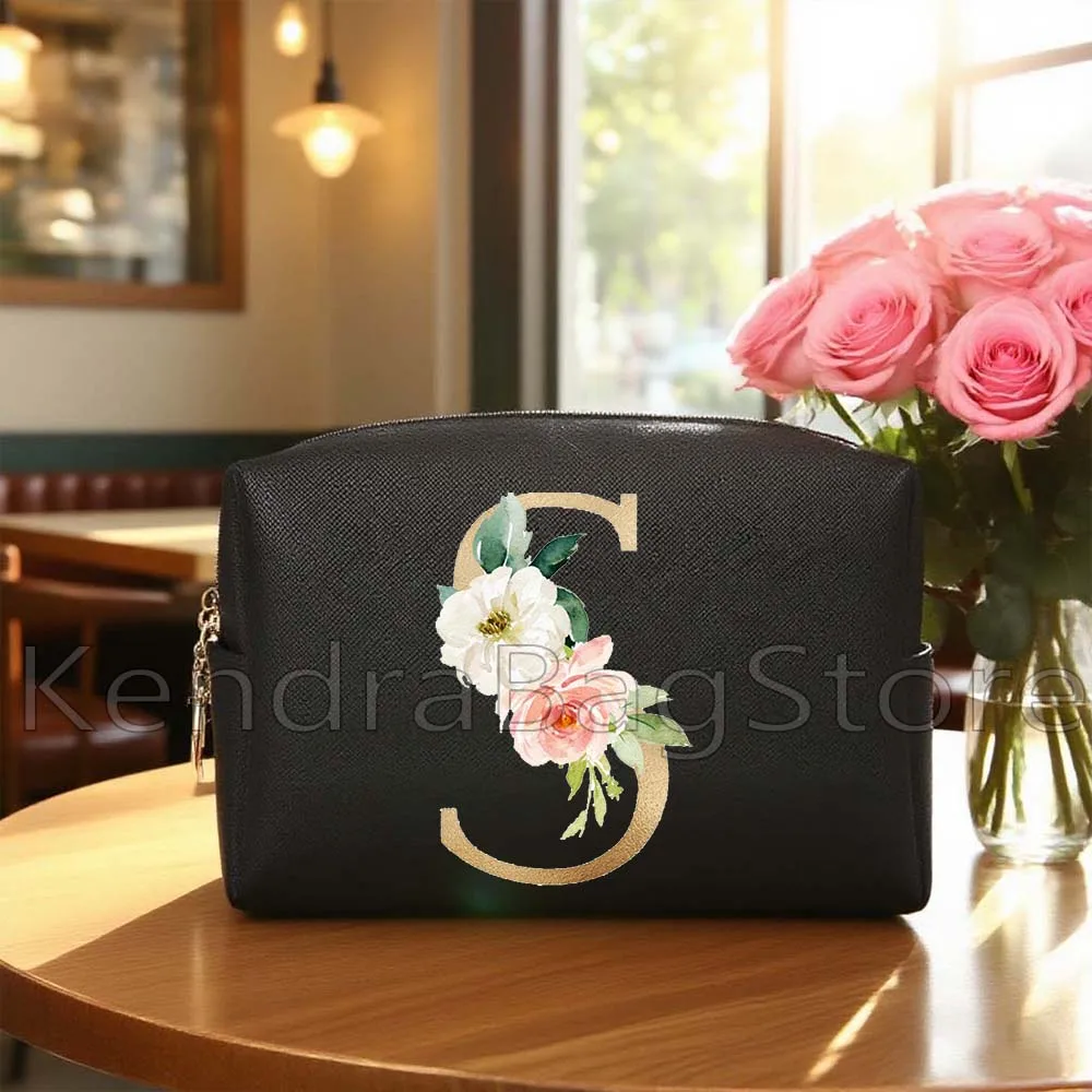 

Цветочная монограмма, золотые начальные буквы, дорожные косметички из искусственной кожи, женские косметички, водонепроницаемая сумка-органайзер для туалетных принадлежностей