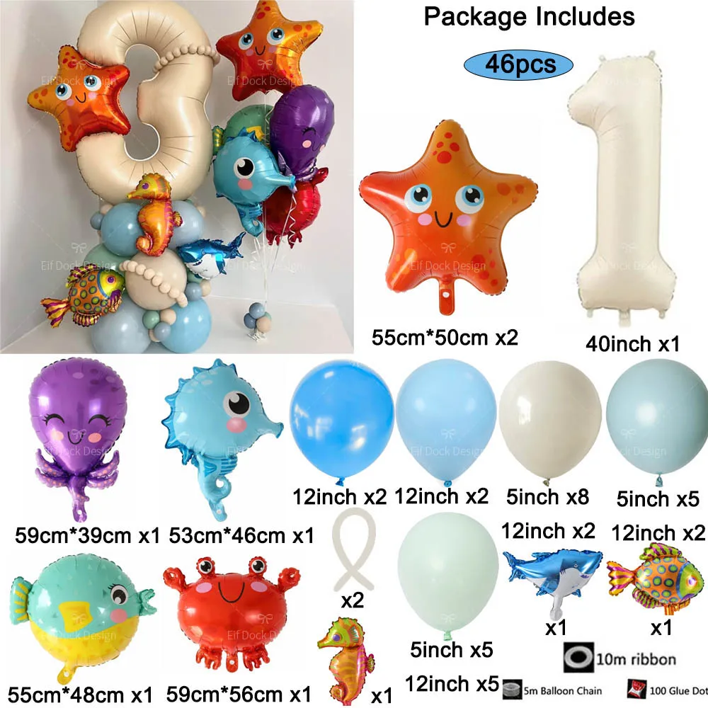 46Pcs Under The Sea Series Pufferfish Starfish Octopus Crab Creamy Numbers Children Birthday Party Decoration Supplies Balloons