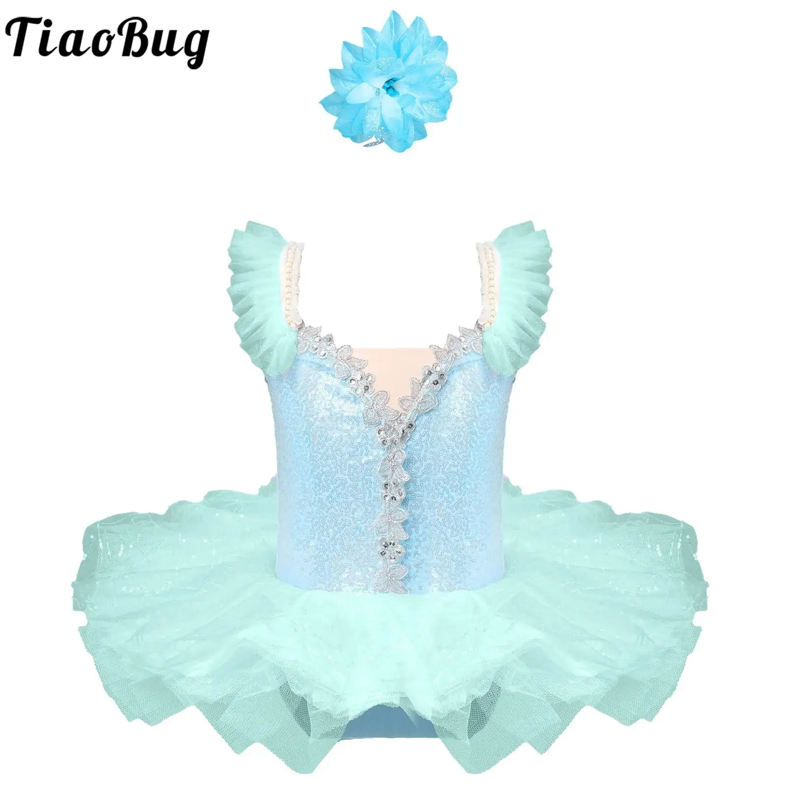 

Ballet Tulle Girls Tutu Dance Dress Ballerina Performance Costume Adjustable Shoulder Straps Shiny Sequins Dress with Headwear