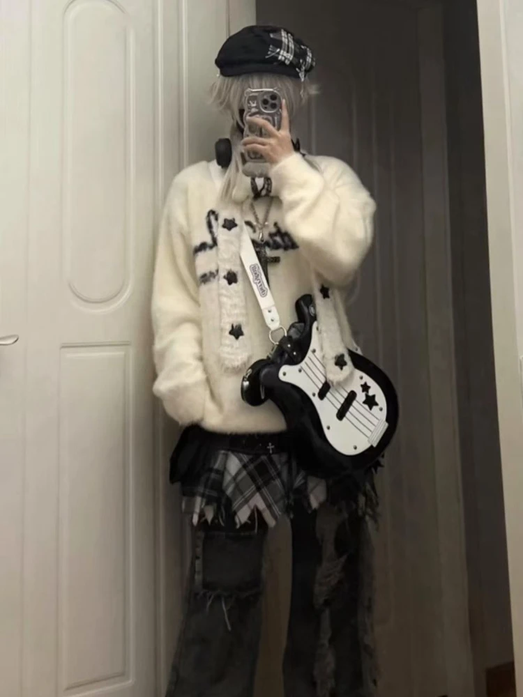 الأمريكية خمر الحلو حار سترة متماسكة لون نقي طويلة الأكمام ثقافة فرعية إلكتروني نمط موضة بلوزة كاجوال امرأة الخريف