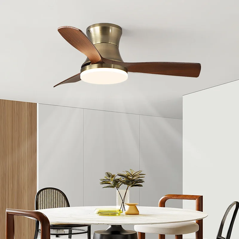 Ceiling Fan Light for Restaurant Bedroom Modern Retro Walnut Grain Silent Variable Frequency Integrated Fan Light