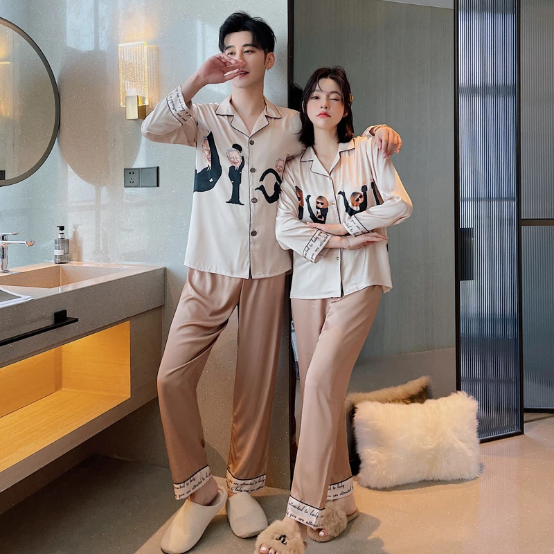 2021 Couples family pajamas women long sleeve open button sleepwear  ice silk suit  Men silk Pajamas