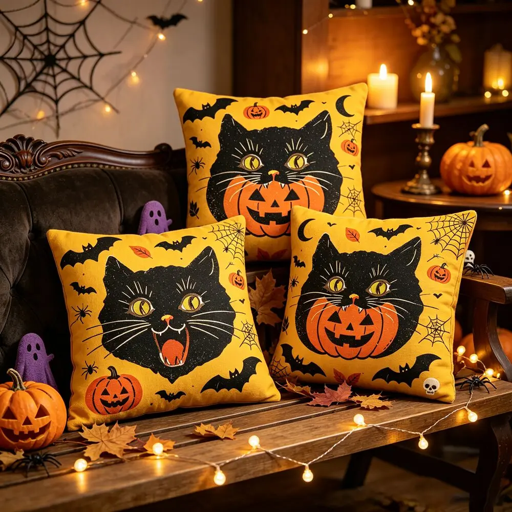 Vintage Retro Halloween Throw Pillow Covers Black Cat Pattern Yellow Background Cushion Case for Halloween Party Sofa Home Decor