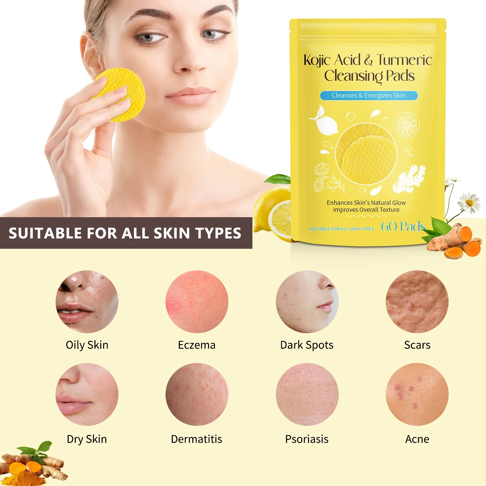 60pcs Turmeric Kojic Acid Cleansing Pads Exfoliating Pads Facial Sponges For Cleansing Exfoliating Daily Cleaning  Skin Care