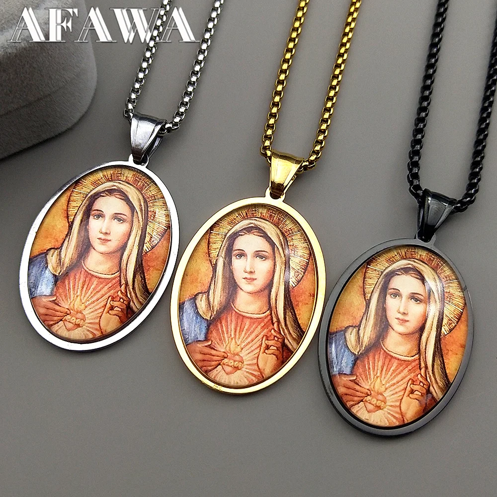 القلب المقدس مريم العذراء الزجاج البيضاوي ميدالية قلادة قلادة للنساء الرجال الفولاذ المقاوم للصدأ الفضة اللون الكاثوليكية تميمة المجوهرات #4