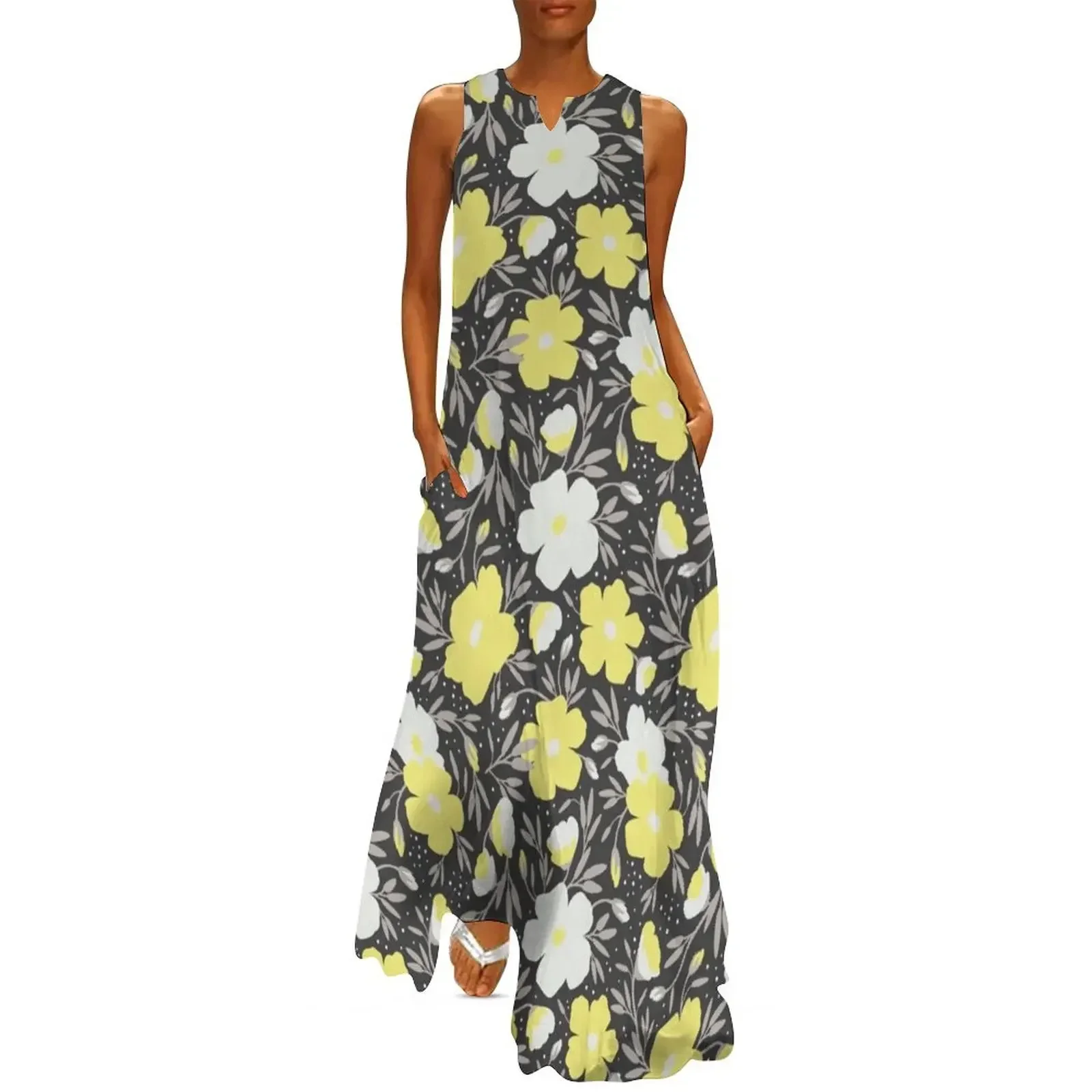 

Floral pattern in grey and yellow colors 2 Long Dress dresses women summer 2025 elegant and pretty women's dresses Dress