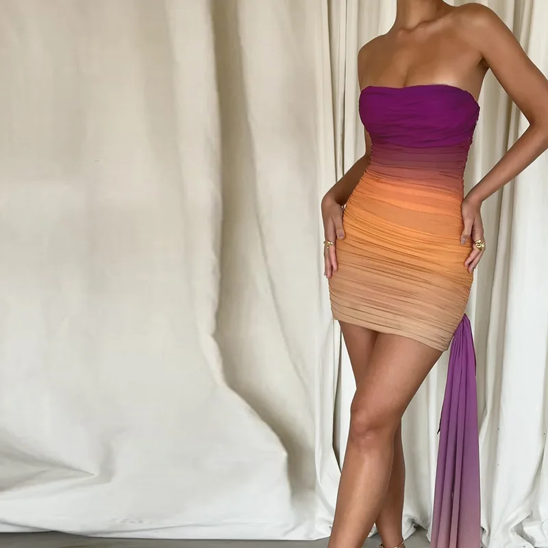 Strapless Pleated Women's Prom Skirt Ribbon High Waist Bandage Dress Purple Backless Short Mini Spicy Girl New Arrival In Stock