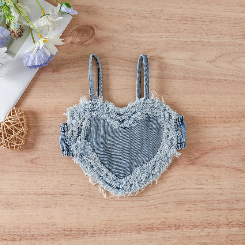 Baby Girls 2-Piece Outfit Sleeveless Heart Camisole and Elastic Ripped Denim Shorts Summer Clothing