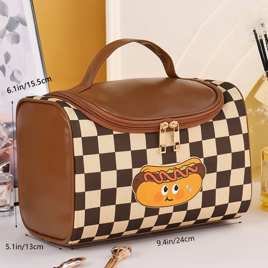 Large-capacity checkerboard lattice makeup bag hamburger hot dog pattern high-color travel toiletry bag cosmetic organizer bag