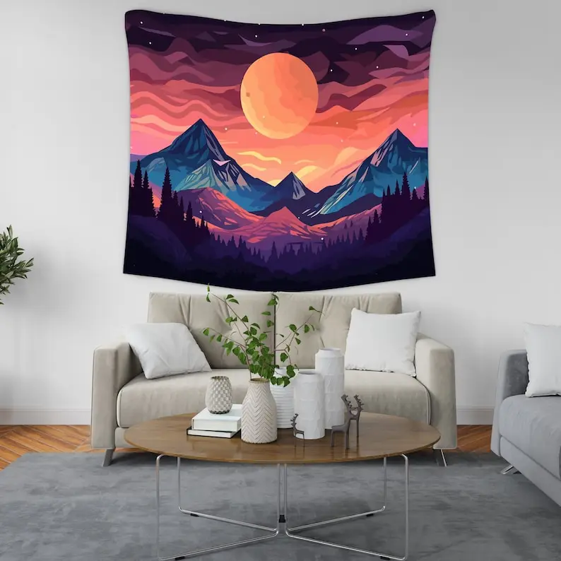 Purple mountain moon tapestry cosmic landscape night sky art living room wall decor