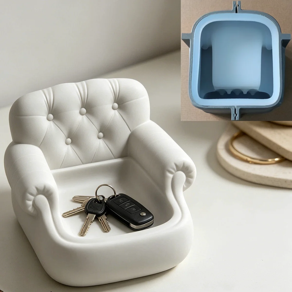 Vintage Tufted Sofa Jewelry Tray Silicone Mold Concrete Cement Couch Key Bowl Mould Plaster Resin Home Decor Craft Tool