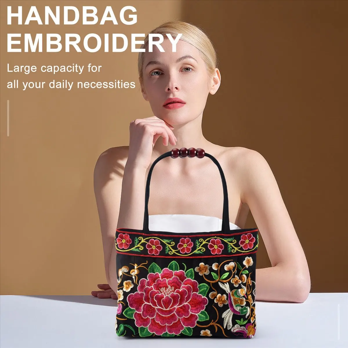 ABQR النمط الصيني حقيبة يد المرأة التطريز العرقية الصيف الزهور الصناعية السيدات حمل حقائب الكتف-الجسم (الفاوانيا الحمراء) #3