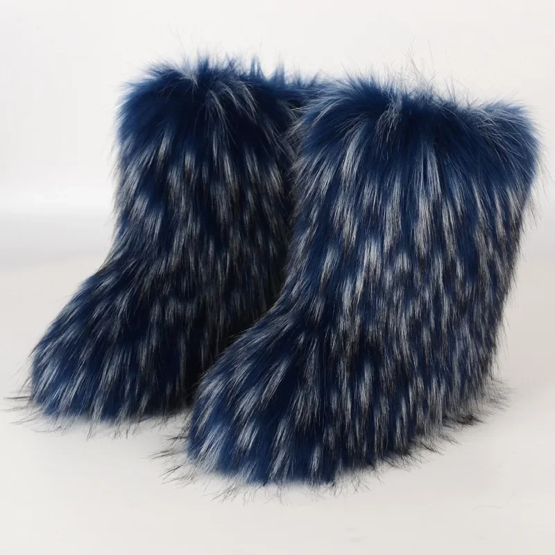

European American Mid-Calf Women's Winter Snow Boots Warm, Thickened Faux Fur with Imitation Raccoon Fur for a Fashionable Style