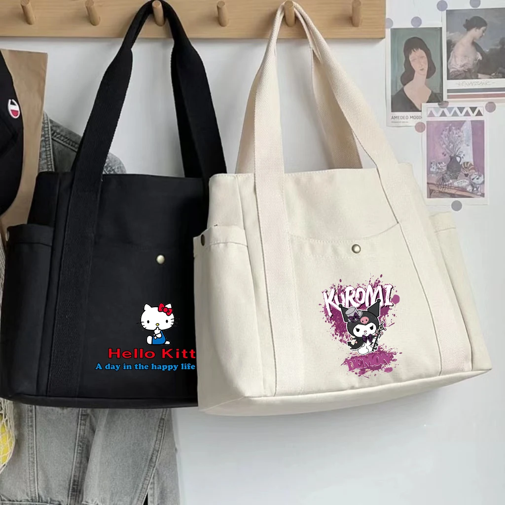 Olá Kitty Bolsa de Ombro Canvas para Mulheres, Kuromi Tote Bags, Designer Bolsa, Shopper Feminino Bag, Sacos de Bolso Quadrado