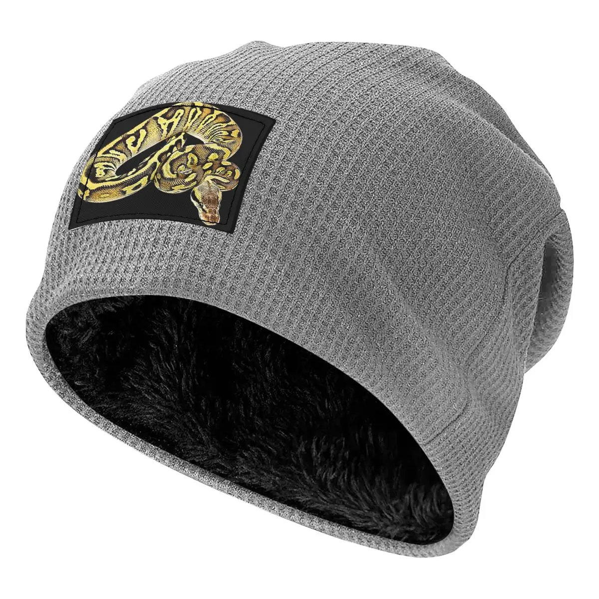 Ball Python Pastel Leopard Waffle Knit Fleece Lined Beanie with PU Leather Patch Unisex Warm Winter Soft Cap