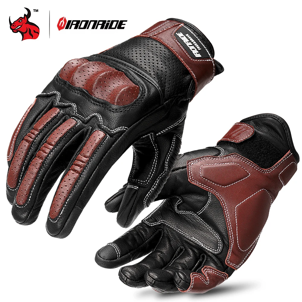 

Vintage Leather Motorcycle Gloves Breathable Perforated Design Touchscreen Compatible Men Riding Gloves for Cafe Racer Cruiser