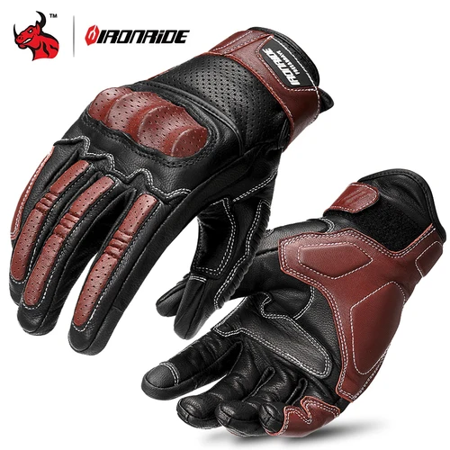 Imagen 1 del producto Guantes de cuero Vintage para motocicleta, guantes de montar para hombre, transpirables, con diseño perforado, compatibles con pantalla táctil, para Cafe Racer Cruiser