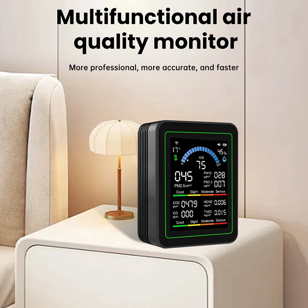 10-in-1 Tuya WiFi CO2 Monitor PM0.3 PM1.0 PM2.5 PM10 Formaldehyde Detector Temperature Humidity CO2 Air Quality Monitor