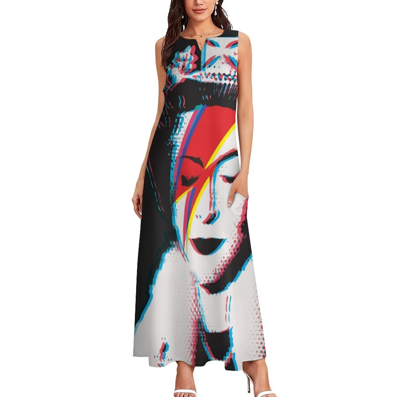 Banksy UK England God Save the Queen Elisabeth rockband face makeup lightning red and blue 3D anaglyph Retro effect H Long Dress