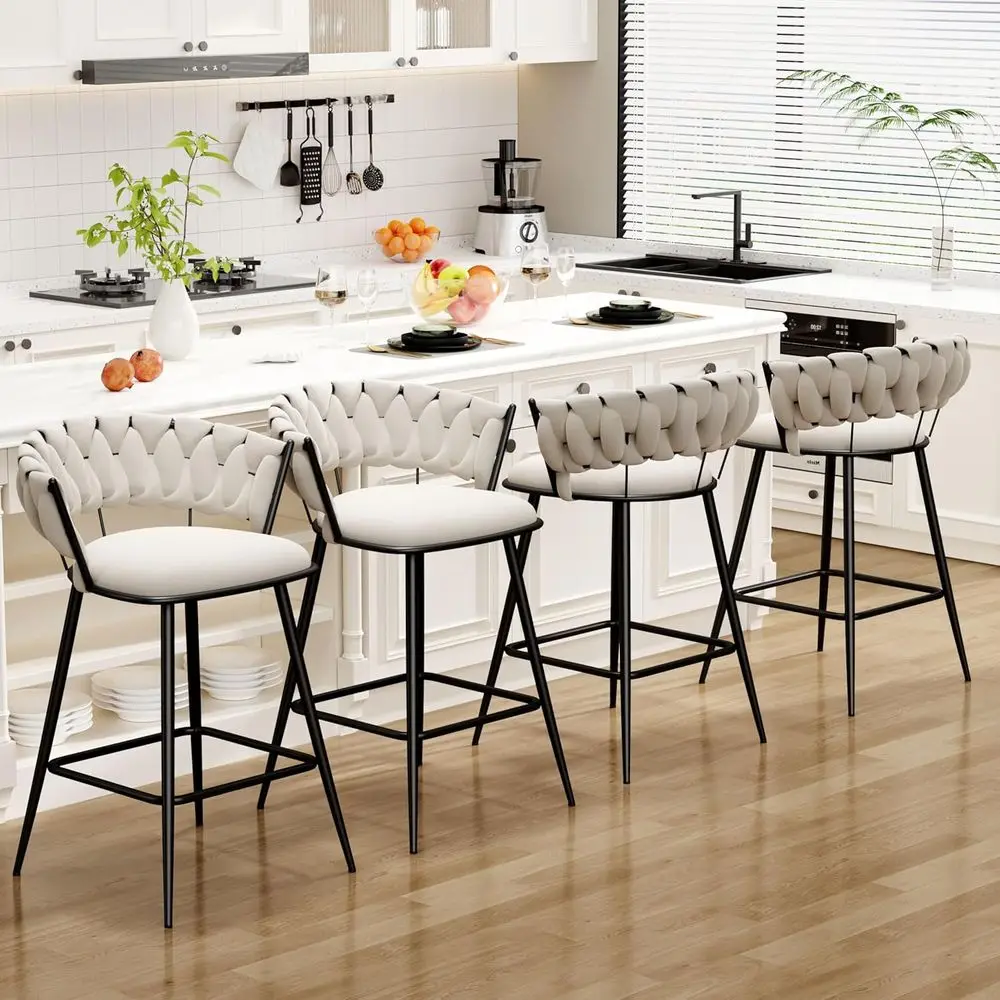 

Set of 4 Upholstered Bar Stools with Woven Backrest and Velvet Seat for Kitchen or Dining Room