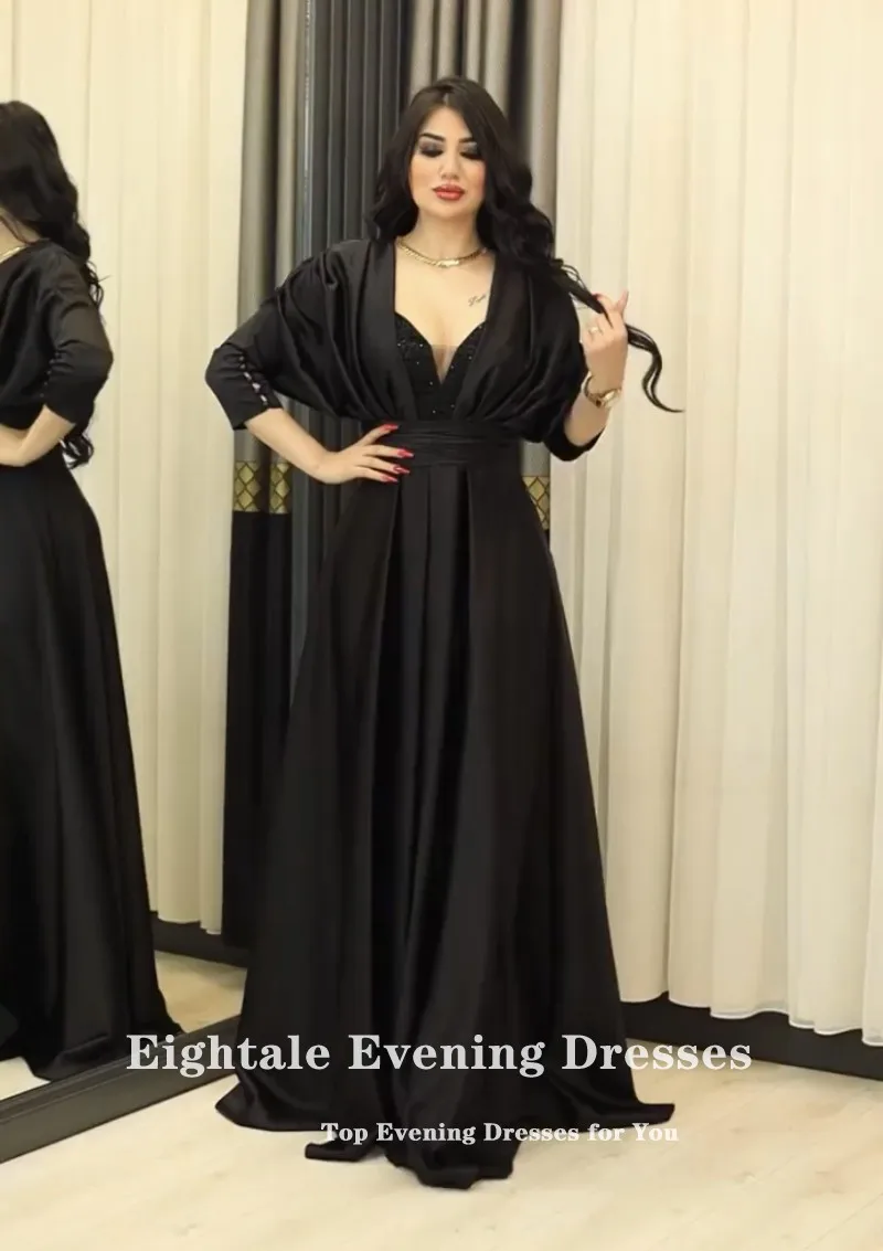 Eightale gaun malam Arab, hitam leher V lengan panjang manik-manik A-Line Satin acara Formal gaun pesta Prom jubah Soiree