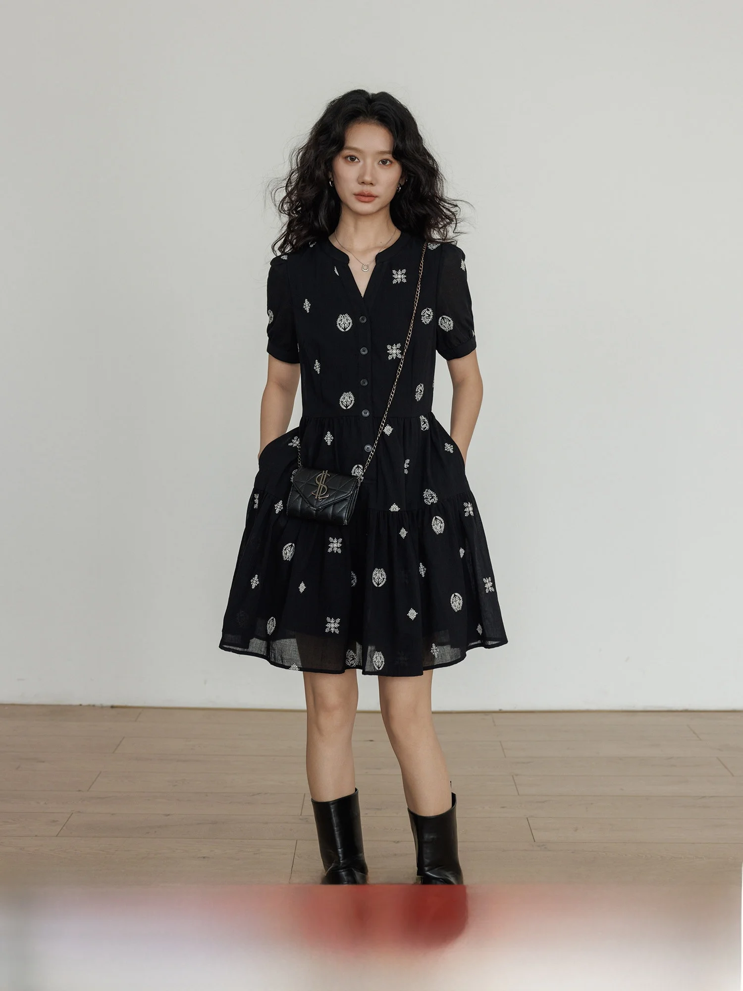 

Vastand Summer Women's V-Neck Short Sleeve Embroidered Dress High Waist Cotton A-Line Skirt Gentle Holiday Short Dress