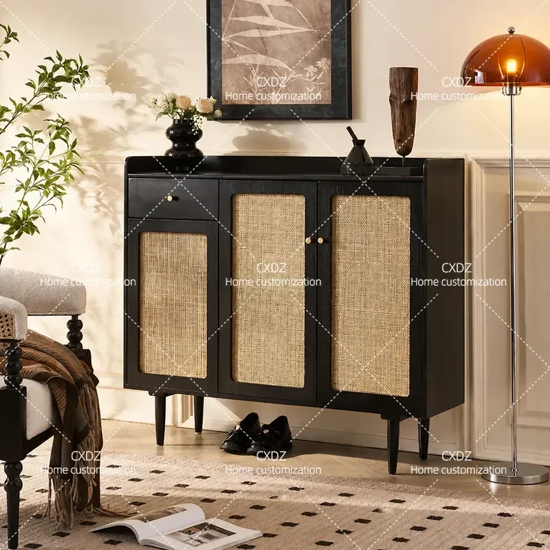 Nordic Solid Wood Shoe Cabinet Modern Simple Design with Drawers Multi Functional Layered Storage Breathable Rattan Shoe Rack