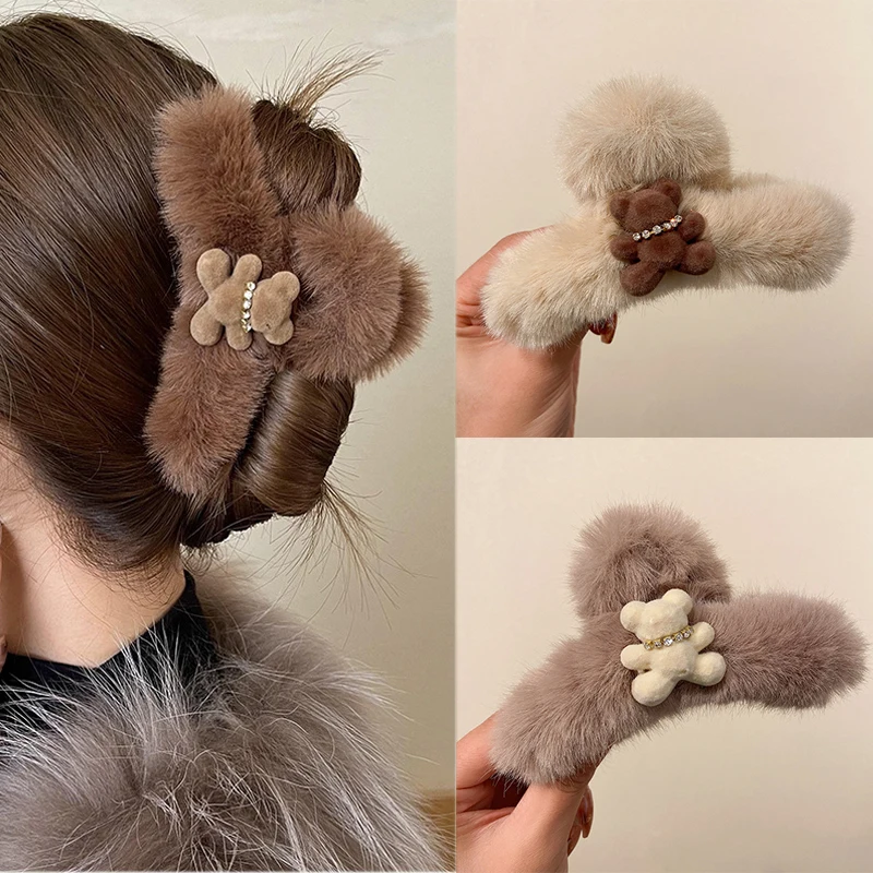 Winter Plush Hair Claw Women Cute Bear Hair Clips Large Size Barrette Crab Clip Furry Hairpin Acrylic Grab Pins Hair Accessories