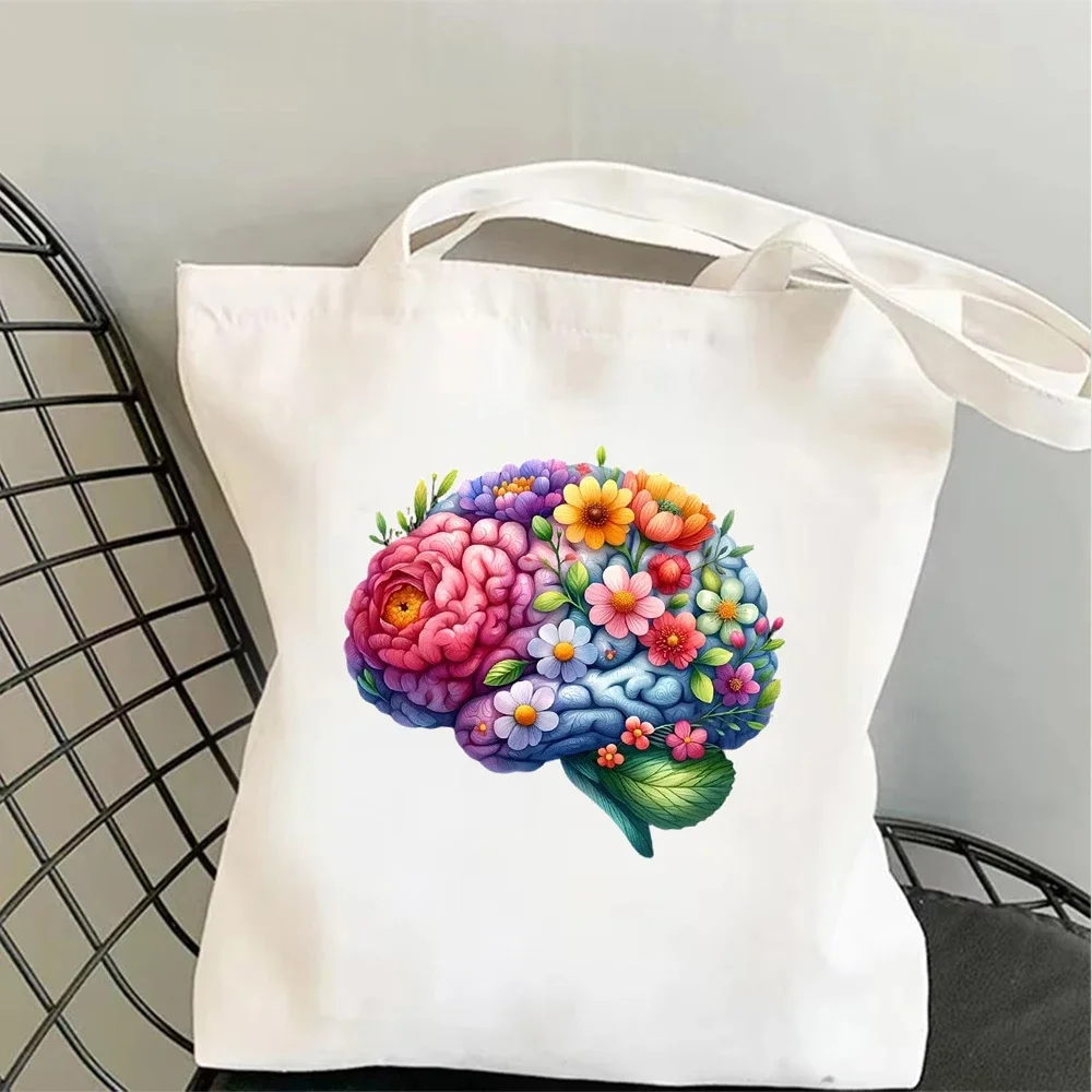 Whimsical Brain Floral Tote Bag Artistic Flower Brain Print Reusable Grocery Bag Gift For Creative Minds