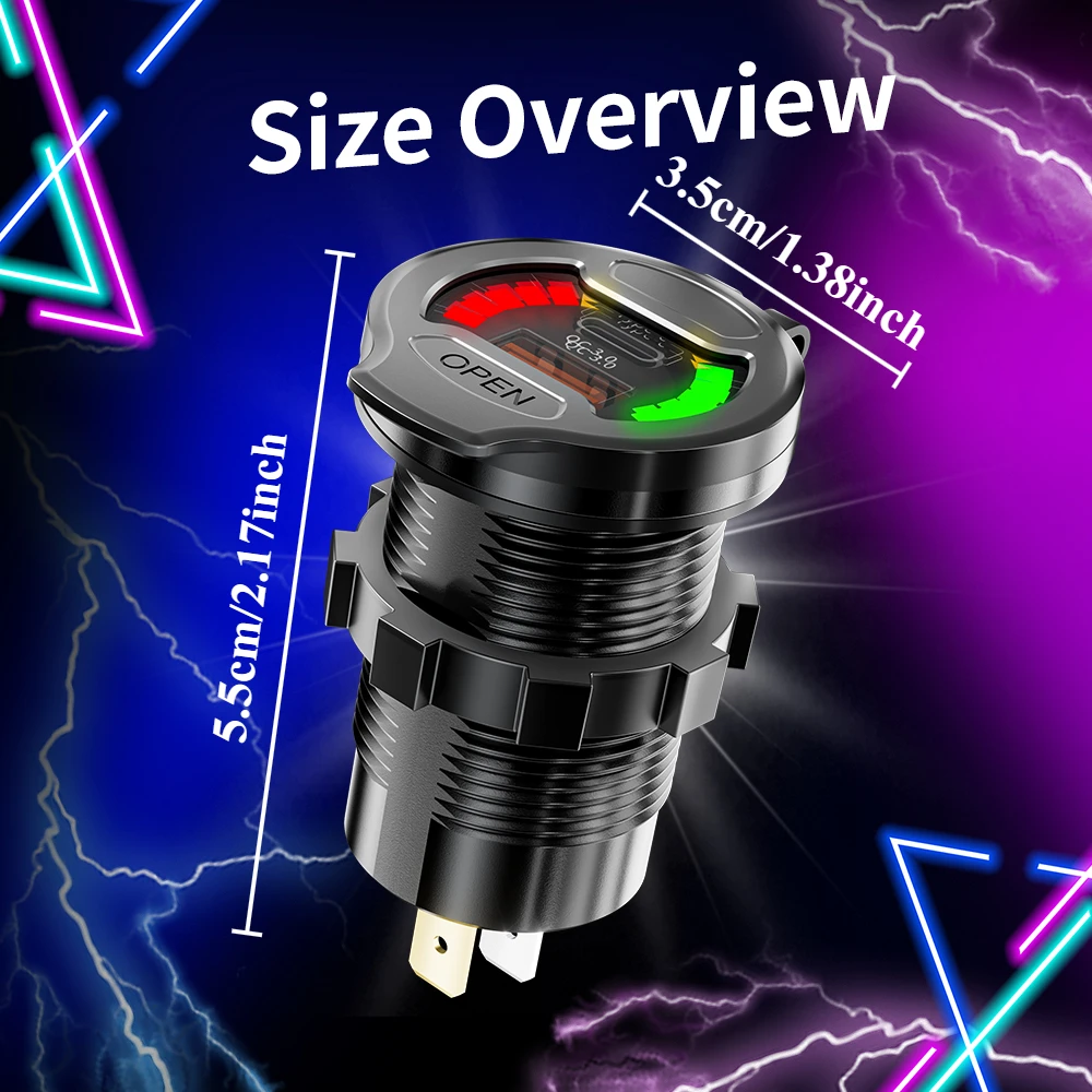 ZUNVMMS مقبس شاحن USB مزدوج مع الفولتميتر LED ON OFF التبديل QC3.0 نوع C مقاوم للماء منفذ USB شاحن سريع لسيارة 12 فولت/24 فولت