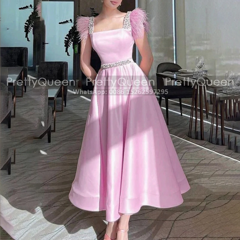 Shiny Beaded Square Neck Mother of the Bride Dresses A Line Feather Sleeves Customized Ankle Length Long Pink Satin Prom Dress