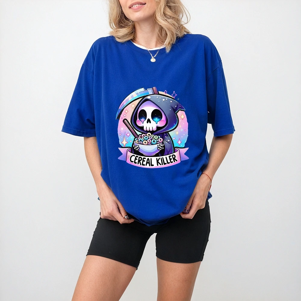 

Cereal Kiler Skeleton Cute Skull Graphic Cotton T-Shirt Cutecore Style Clothes Unisex Tee Shirt Male Female Short Sleeve Tops
