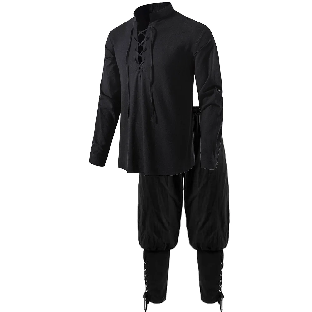 2-teiliges mittelalterliches Ritter-Kostüm-Set für Herren, Renaissance-Cosplay-Piratenhemden, Knöchelband-Hosen für Halloween, Baumwoll-Leinen-Stoff