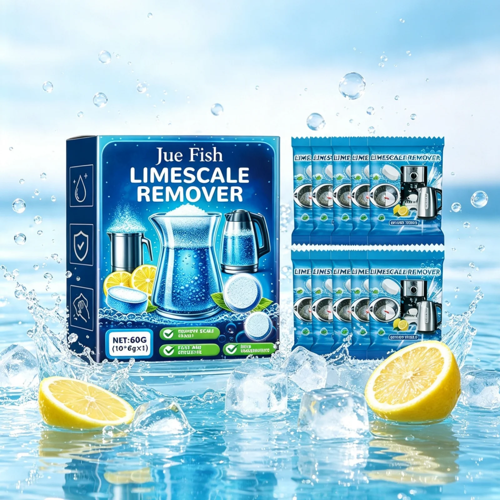 Jue Fish Limescale Remover Tablets Eliminate Odor Powerful Cleaning Remove Limescale Stains Mild Household Descaling Tablets 60g