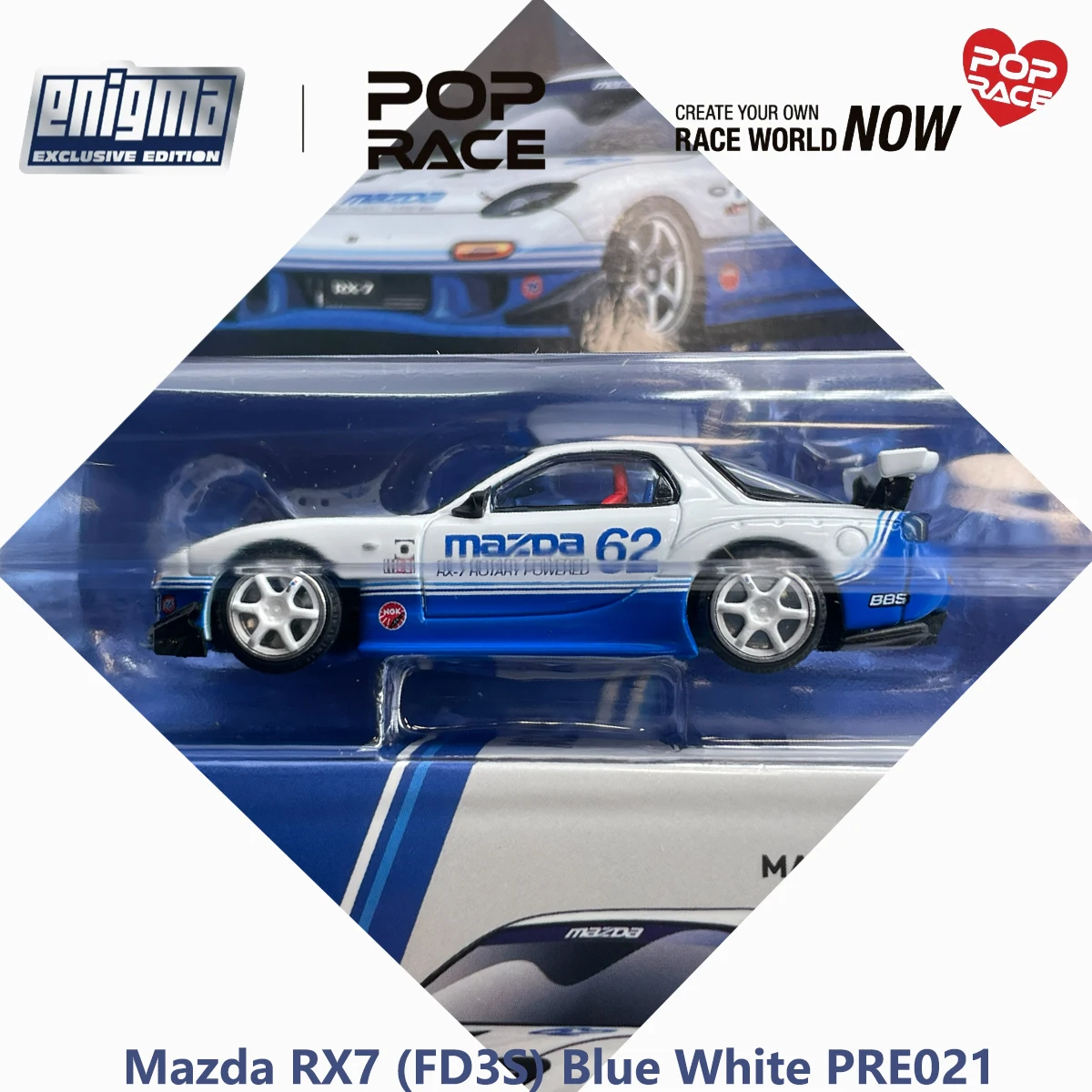 Блистерная упаковка Pop Race PRE021 1:64 Mazda RX7 FD3S RE-Amemiya # 62 эксклюзивных коллекционных моделей автомобилей Enigma в сине-белом цвете, из сплава, JDM