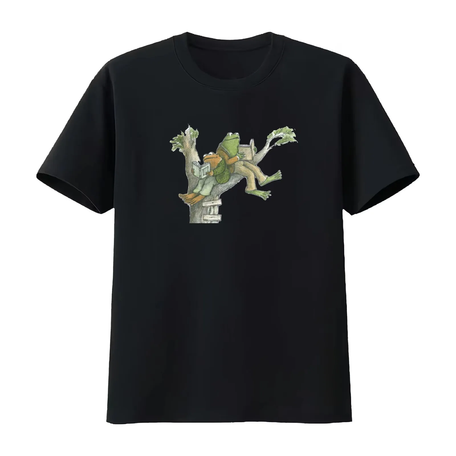 Frog and Toad reading in tree T-Shirt Summer Casual Cotton Tee Oversized Streetwear Tops Vintage Graphic Print 100% Cotton